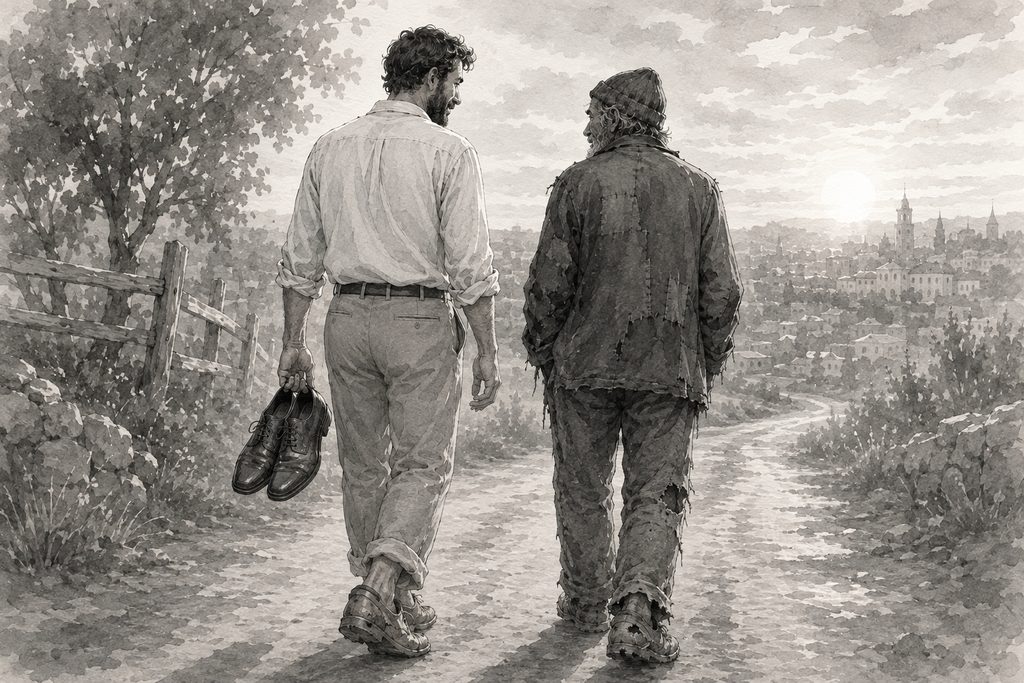 Two neighbors walking together along the same road, one carrying his shoes